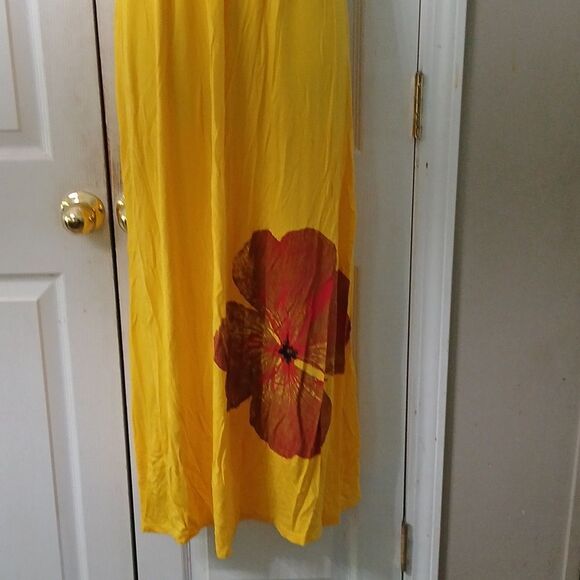 Moa Moa yellow floral hibiscus print strapless summer maxi dress Sz  S  EUC - Picture 2 of 7